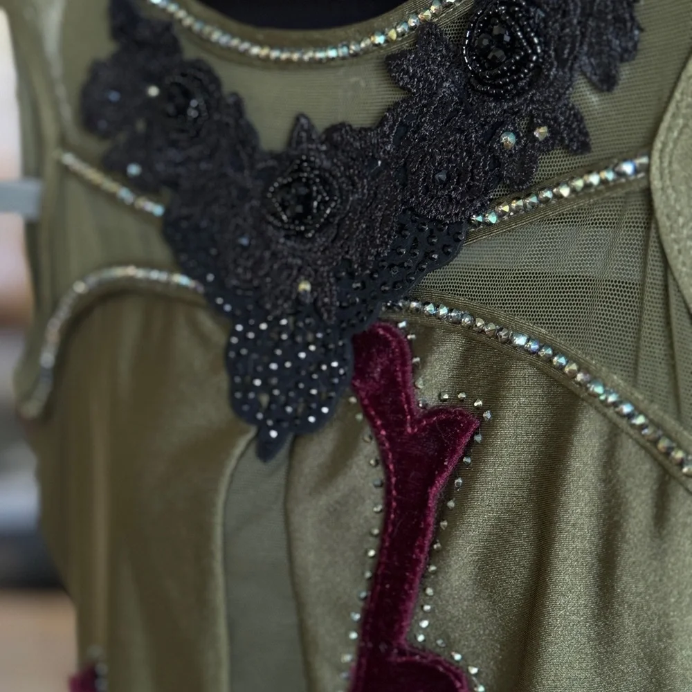 🫒Custom Patrick J Olive Green & Burgundy Dance Costume with Unique Fringe Skirt
